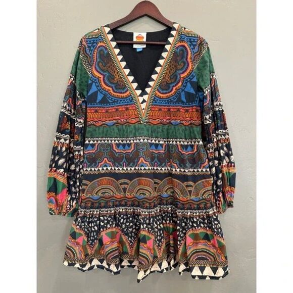 Anthropologie FARM Rio tribal tiger print Multicolor V-Neck Tunic Mini Dress XS - Picture 7 of 9